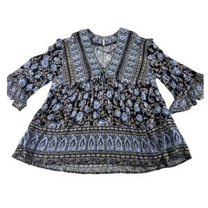 Free People Floral Paisley V-Neck Bell Sleeve Tunic Black Blue Small OB825121